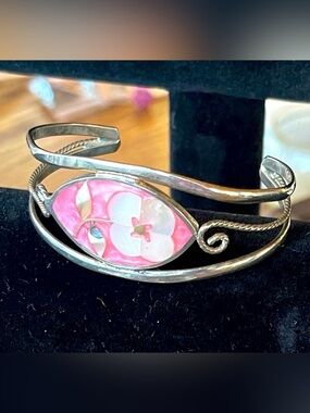 Vintage Signed Alpaca Mexico Enamel & Abalone Floral Cuff Bracelet